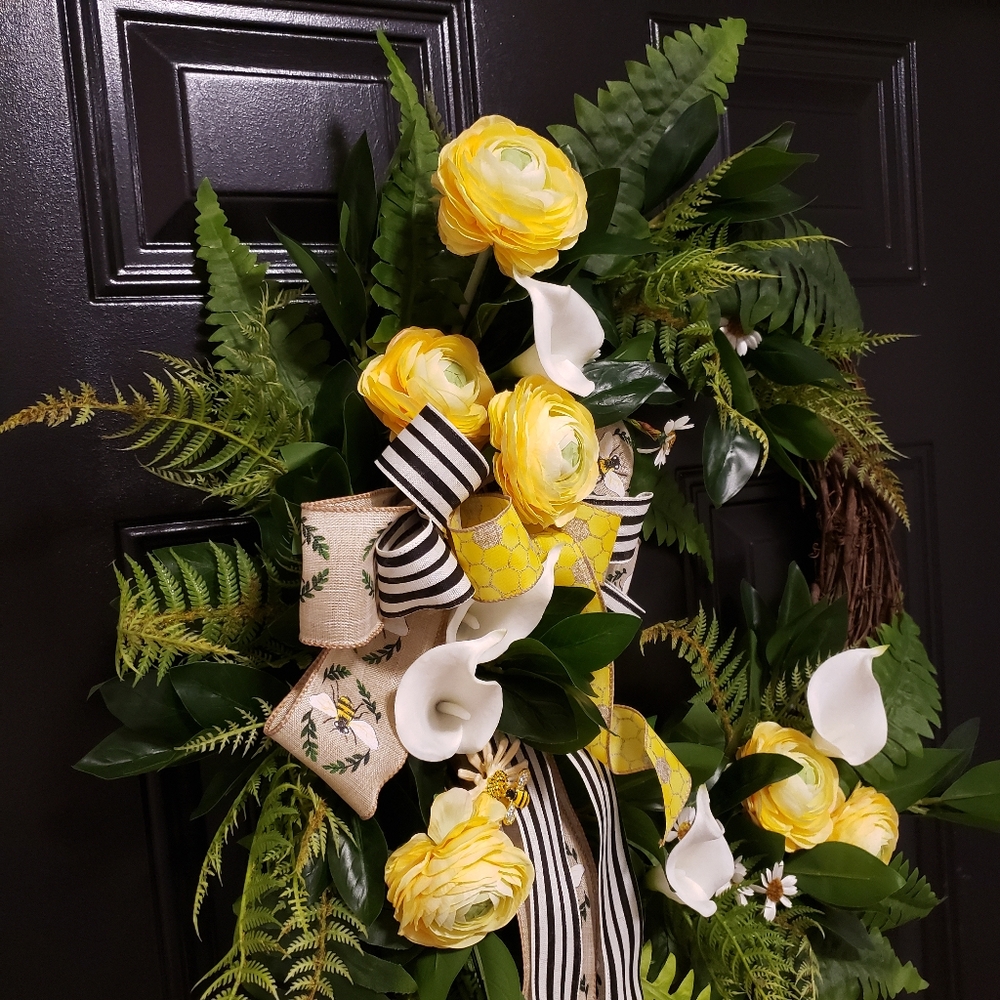 Spring Lush Greenery And Florals Grapevine Bee Wreath - Picture 3 of 5